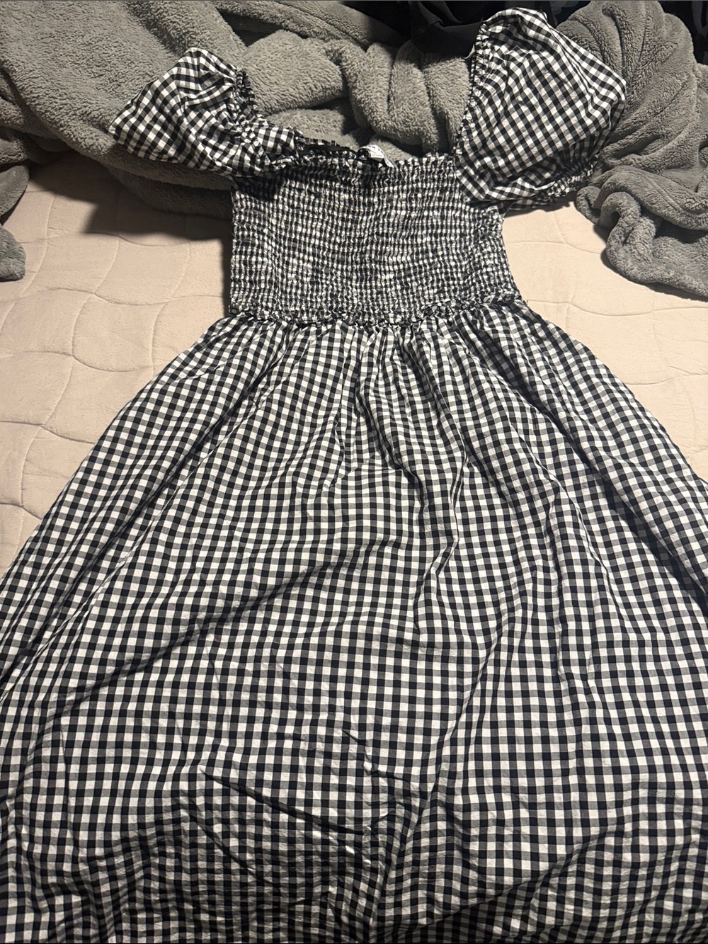 Ellen Tracy Black and White Gingham Smocked Midi Dress